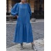 Women Puff Sleeve Calf Length Solid Color Buttons Casual Midi Dresses