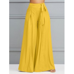 Women Solid Color Tie Waist Casual Swing Pants With Pocket